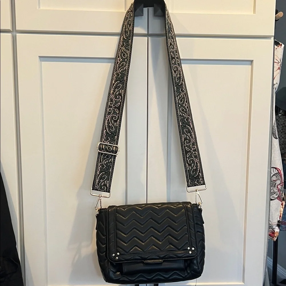 Black Quilted Chevron Crossbody Bag with Guitar style strap 9” X 11” X 4”